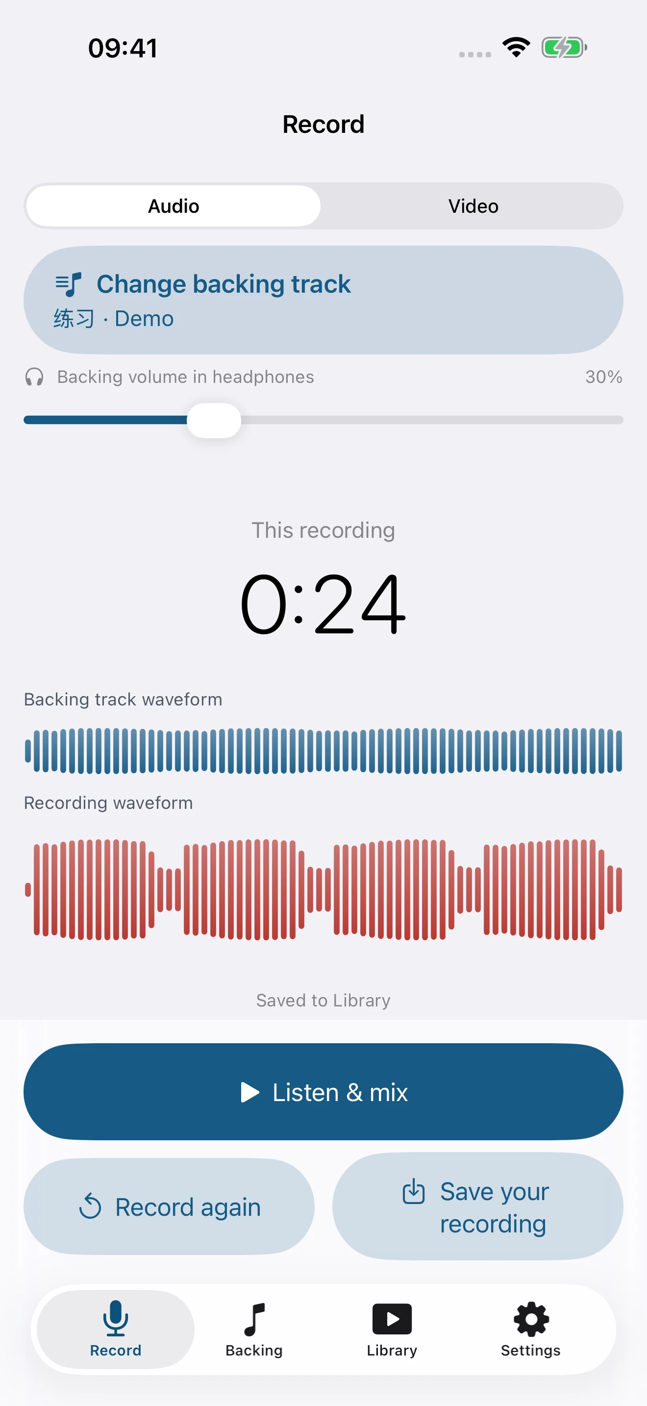 Record with Listen & mix, Record again and Save your recording